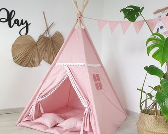 Tipi-tent voor peuters Tipi-tent, speelhuis voor kinderen, kinderspeelhuis, indoor speelzone, neutrale tipi-print, roze tipi-stijl voor babymeisjes