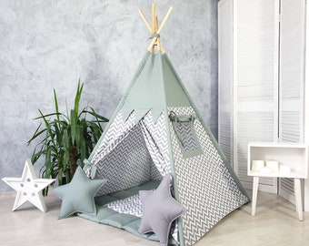 Kids tent Teepee tent for kids , playhouse for kids , indoor playzone , neutral teepee print ,  dusty green and gray teepee tent for kids