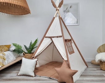 Kindertent Tipi tent voor kinderen, speelhuisje voor kinderen, speelhuis, binnenspeelzone, neutrale tipi print, beige en bruine kleur tipi tent
