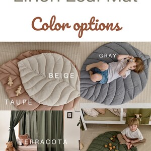 May include: A set of four linen leaf play mats in different colors: beige, gray, terracotta, and green. The mats are quilted and feature a leaf shape. The mats are shown in different settings, including a nursery and a playroom.