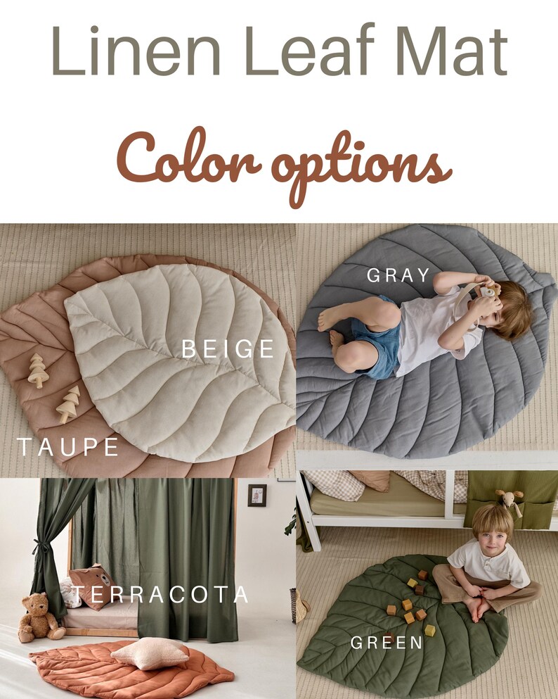 May include: A set of four linen leaf play mats in different colors: beige, gray, terracotta, and green. The mats are quilted and feature a leaf shape. The mats are shown in different settings, including a nursery and a playroom.