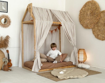 Gingham House Bed Canopy for Kids – Montessori Canopy Bed Curtains for a Cozy and Stylish Children's Room