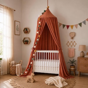 Betthimmel Babyzimmer aus Musselin, Baldachin Kinderzimmer, Babybett Himmel, Boho Nursery Deko, Canopy für Kinderbett, Geschenk zur Geburt