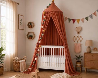 Dosel de cuna de muselina / Decoración colgante estilo boho para habitación infantil, tienda de campaña para cuna de bebé