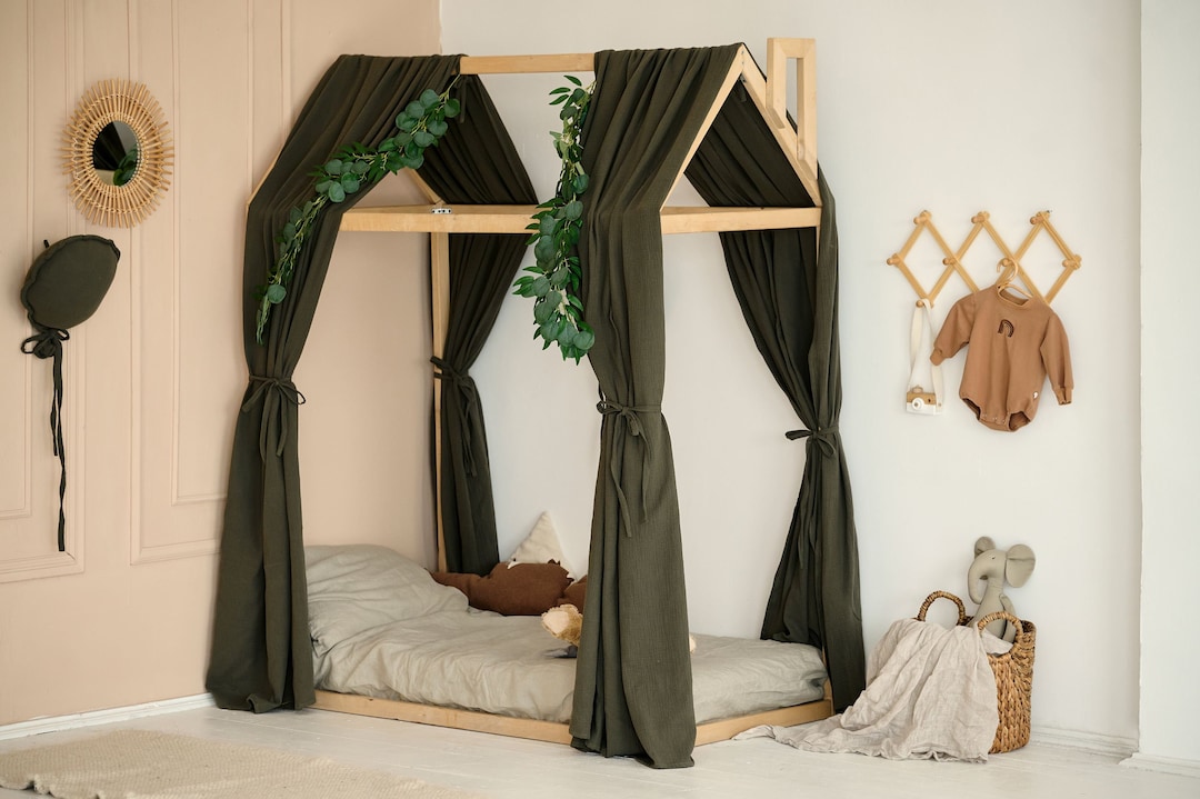 Montessori Bed Canopy Dark Green Muslin Canopy for Toddlers' House Bed