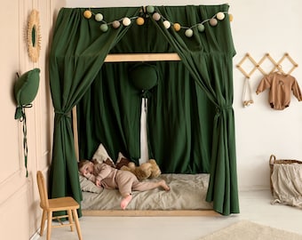 HUIS BED LUIFEL #3 mousseline luifel voor huis bed, peuter bed luifel, huis bed mousseline hoes Twin huis bed gordijn Montessori bed luifel