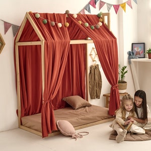 HOUSE BED CANOPY cortina de muselina roja rústica para cama de casa de niños pequeños, dosel de cama para niños pequeños, cubierta de muselina de cama de casa Montessori