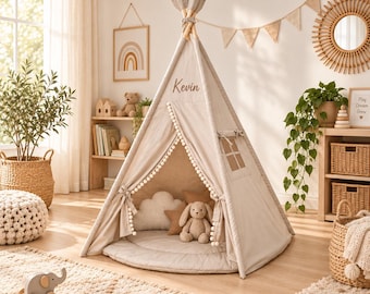 5-Panel Beige Teepee Tent for Kids | Roomy Play Tent with Mat, Custom Name