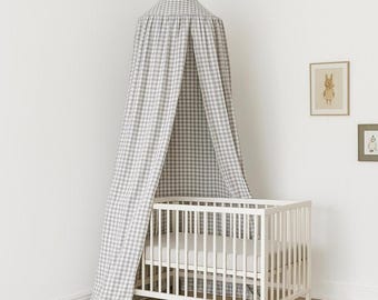 Gingham Bed Canopy | Cotton Canopy for Baby Crib | Hanging Nursery Canopy, Neutral Canopy for Crib or Toddler Bed