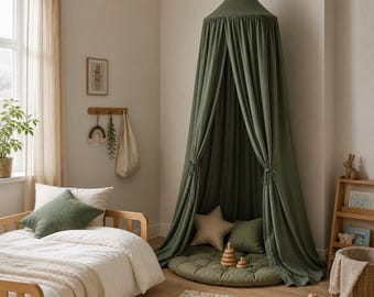Khaki Green Linen Canopy for Crib | Boho Hanging Nursery Canopy