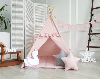 1st birthday girl gift , Pink Teepee Tent with Mat , Kids Teepee Tent for Girls ,  Portable Kids Playhouse , Tent Special Gift for Kids