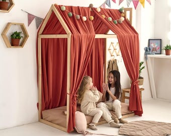 Personalized Boho Canopy Bed Curtains | Muslin House Bed Canopy | Montessori Crib Canopy | Custom Nursery Decor | Boho Kids Room Tent