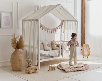 Linen Montessori Bed Canopy | Toddler House Bed Cover | Playhouse Canopy for Kids Room | Organic Nursery Décor | Handmade Linen Bed Cover