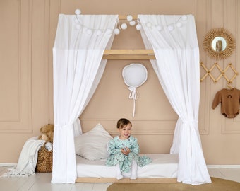 House bed canopy | Montessori bed canopy, Hausbett deko, Baldachin hausbett, Kids canopy, Canopy for house bed, Canopy bed curtains