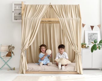 Linen Canopy Bed Curtains | Montessori House Bed Canopy | Toddler Bed Drapes | Linen Nursery Decor | Natural Linen Bed Curtains