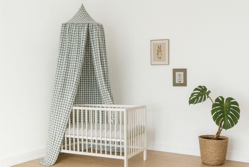 Baldacchino per letto a quadretti / Baldacchino in cotone per culla / Baldacchino sospeso per cameretta dei bambini, Baldacchino neutro per culla o lettino per bambini piccoli Sage