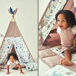 Tipi Zelt für Kinder , Spielhaus für Kinder , Kinderspielhaus , Indoor-Spielzone , neutraler Tipi-Druck, staubige braune Farbe, Walddruck