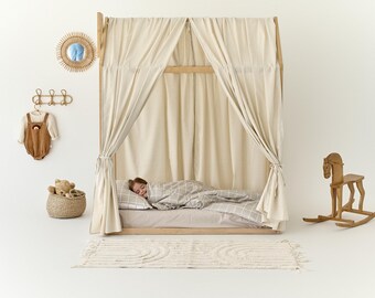 Canopy Bed Curtains | Aesthetic Room Decor, LINEN bed curtains, Nursery Linen bed curtains, Montessori house bed canopy, Toddler bedding