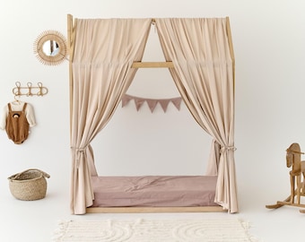 Canopy for House Bed | Bed Canopy for Girls, Aesthetic Room Decor, Linen Bed Curtains, Nursery Linen Bed Curtains, Playhouse Accessories