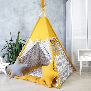 Mustard Toddler Teepee Tent for Kids | Neutral Indoor Playhouse for Boys & Girls | Cotton Teepee with Mat Option | Montessori Toy Gift