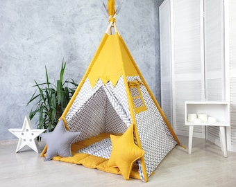 Mustard Toddler Teepee Tent for Kids | Neutral Indoor Playhouse for Boys & Girls | Cotton Teepee with Mat Option | Montessori Toy Gift