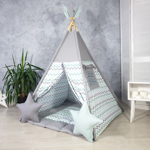 Mint and Gray Teepee Tent for Kids | Star Print Playhouse | Indoor Neutral Tipi Tent | Toddler Gift Idea | Kids Room Decor