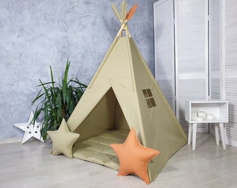 Personalized Toddler Teepee Tent | Olive Green Indoor Playhouse for Kids | Neutral Teepee Print | Cozy Indoor Playzone