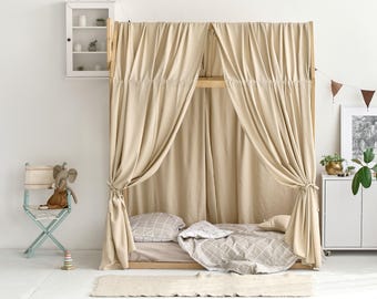 Canopy Bed Curtains | Aesthetic Room Decor, LINEN bed curtains, Nursery Linen bed curtains, Montessori house bed canopy, Toddler bedding