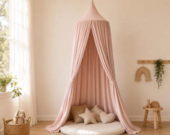 Pale Pink Linen Canopy | Boho Hanging Nursery Canopy for Girls Room