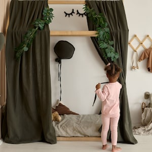 Montessori Bed Canopy Dark Green Muslin Canopy for Toddlers' House Bed
