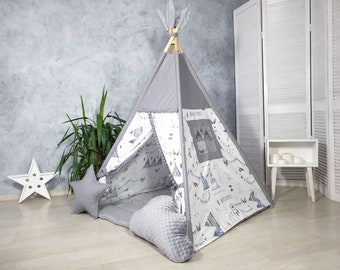 Teepee tent for kids , playhouse for kids, wigwam , tipi , kids playhouse , indoor playzone , neutral teepee print ,  gray teepee