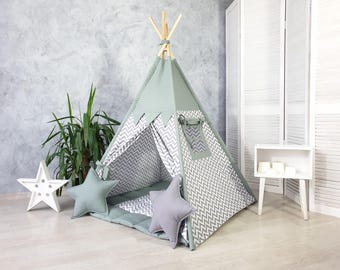 Sage Green & Grey Chevron  Kids Teepee Tent – Personalized Play Tent with Mat – Cotton Indoor Playhouse for Toddlers