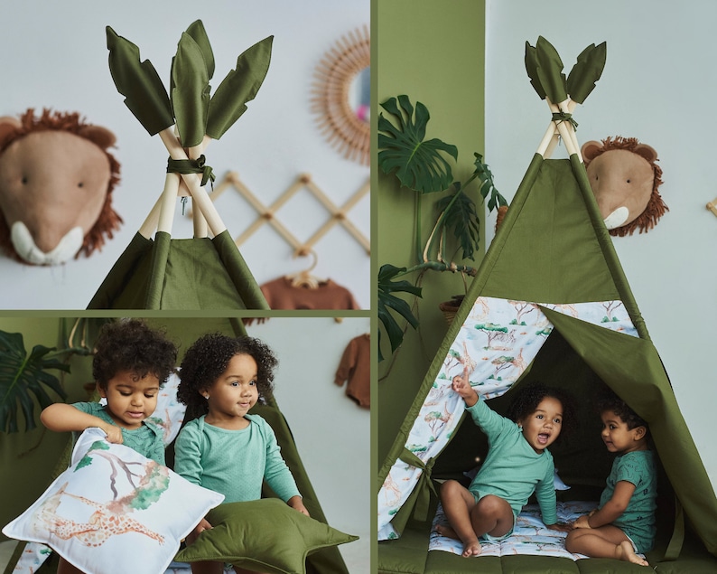 Teepee verde/tenda Teepee per bambini, regalo per il 1 compleanno, zona giochi al coperto, tende da gioco al coperto per ragazzi e ragazze, tenda Teepee per bambini immagine 1