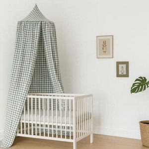 Gingham Bed Canopy | Cotton Canopy for Baby Crib | Hanging Nursery Canopy, Neutral Canopy for Crib or Toddler Bed