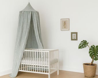 Gingham Bed Canopy | Cotton Canopy for Baby Crib | Hanging Nursery Canopy, Neutral Canopy for Crib or Toddler Bed
