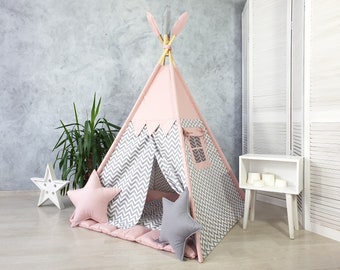 Toddler tent , Teepee tent for kids , playhouse for kids  , indoor playzone , neutral teepee print , pink and gray teepee tent for girls
