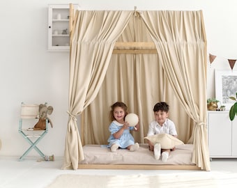 LINEN canopy bed curtains | Linen bed curtains, Home Nursery decor, Linen bed curtains, Montessori house bed canopy, Toddler bed canopy
