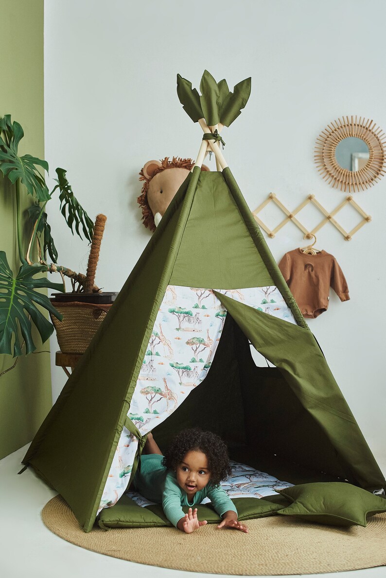 Teepee verde/tenda Teepee per bambini, regalo per il 1 compleanno, zona giochi al coperto, tende da gioco al coperto per ragazzi e ragazze, tenda Teepee per bambini immagine 7