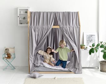 Linen Bed Canopy Curtains | Montessori Toddler House‑Bed Canopy | Natural Nursery & Home Decor Drapes