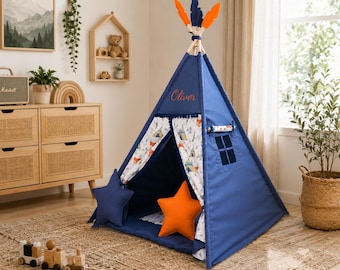 Personalized Teepee Tent with Name | Navy Fox Kids Play Tent with Mat