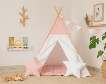 Light Pink Teepee Tent for Kids | Indoor Girls Wigwam | Cotton Play Tent with Mat Option | Montessori Gift Playhouse