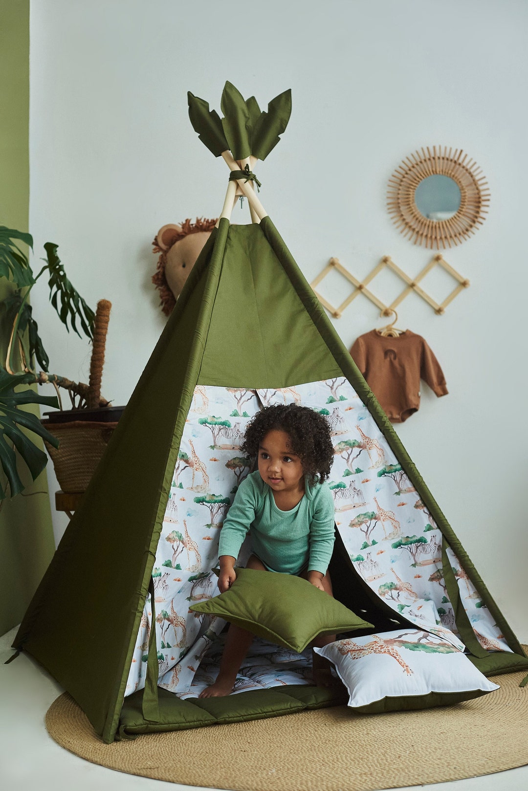 Kids Teepee Tent Green Safari Print Playhouse Indoor Wigwam With  Neutral Teepee Print for Kids Playzone