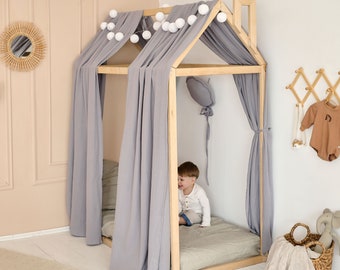Canopy Bed Curtains | Montessori Bed Canopy, Made of Muslin Canopy for House Bed, Toddler Bed Cover, Toddler House Bed, Montessori Bed