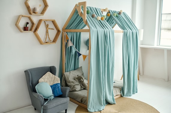 Tenda Letto Bambini In Cotone 100% - Baldacchino Montessori Per Cameretta 135x360cm Rosa Scuro - Foto 7