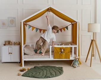 Copriletto per bambini / Baldacchino per letto a forma di casetta da gioco / Decorazione per cameretta dei bambini / Copriletto biologico fatto a mano, baldacchino per letto per bambini Montessori