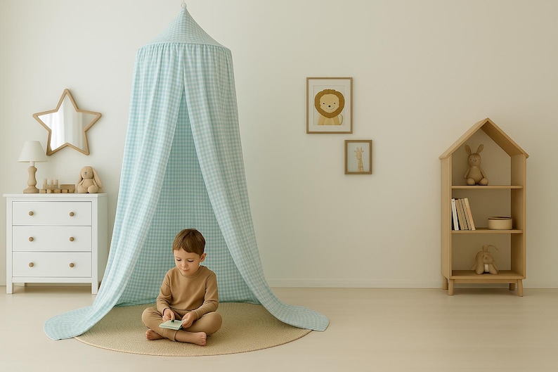 Baldacchino per letto a quadretti / Baldacchino in cotone per culla / Baldacchino sospeso per cameretta dei bambini, Baldacchino neutro per culla o lettino per bambini piccoli Mint