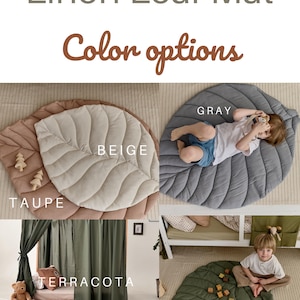 Pu&ograve; includere: Un set di quattro tappeti da gioco a forma di foglia di lino in diversi colori: beige, grigio, terracotta e verde. I tappeti sono trapuntati e hanno la forma di una foglia. I tappeti sono mostrati in diverse ambientazioni, tra cui una nursery e una sala giochi.