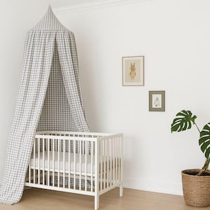 Baldacchino per letto a quadretti / Baldacchino in cotone per culla / Baldacchino sospeso per cameretta dei bambini, Baldacchino neutro per culla o lettino per bambini piccoli Gray