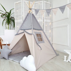 Gray and Beige Kids Teepee Tent with Mat | Neutral Boho Tent for Toddlers | Portable Playhouse | Special Gift Idea