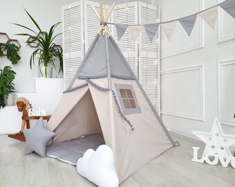 Gray and Beige Kids Teepee Tent with Mat | Neutral Boho Tent for Toddlers | Portable Playhouse | Special Gift Idea
